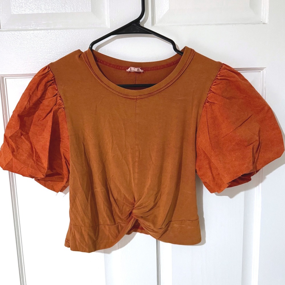 POL Rust Orange Mixed Media Puff Sleeve Twist Front Top FKT779 Womens Large